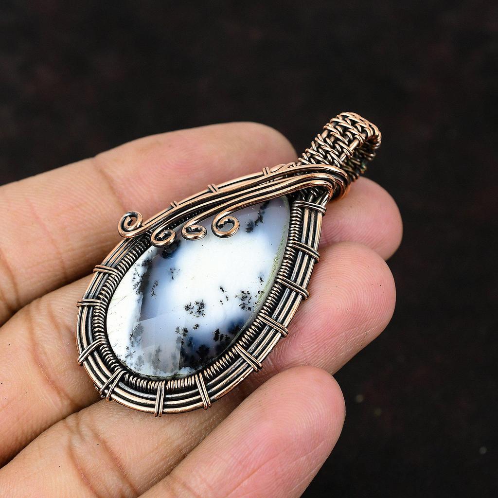 Dendrite Opal Gemstone Pendant Copper Wire Wrapped Pendant Handmade Jewelry Dendrite Opal Designer Pendant Gift For Her Gift For Mom