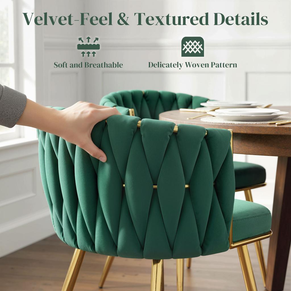 Velvet-Feel Dining Chairs Set of 2, Modern Upholstered Kitchen Chairs with Woven Backrest and Armrests, Metal Legs and Padded Seat for Dining Room