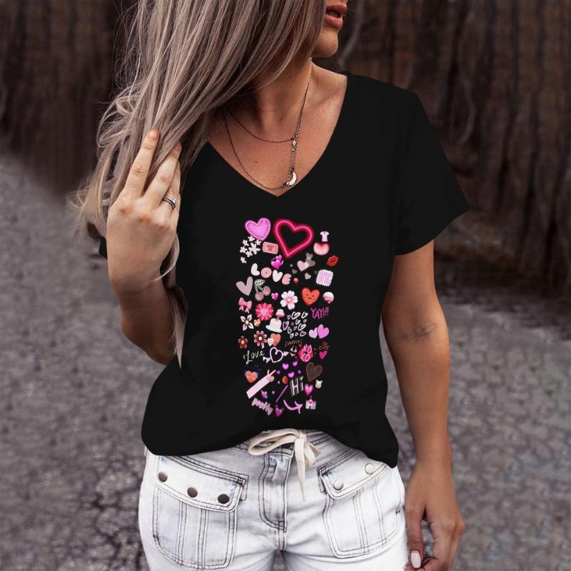 European and American Women's V-neck T-shirt Personalized Cartoon Cat Pattern 3D Printed Short Sleeve Fashion Trend Top