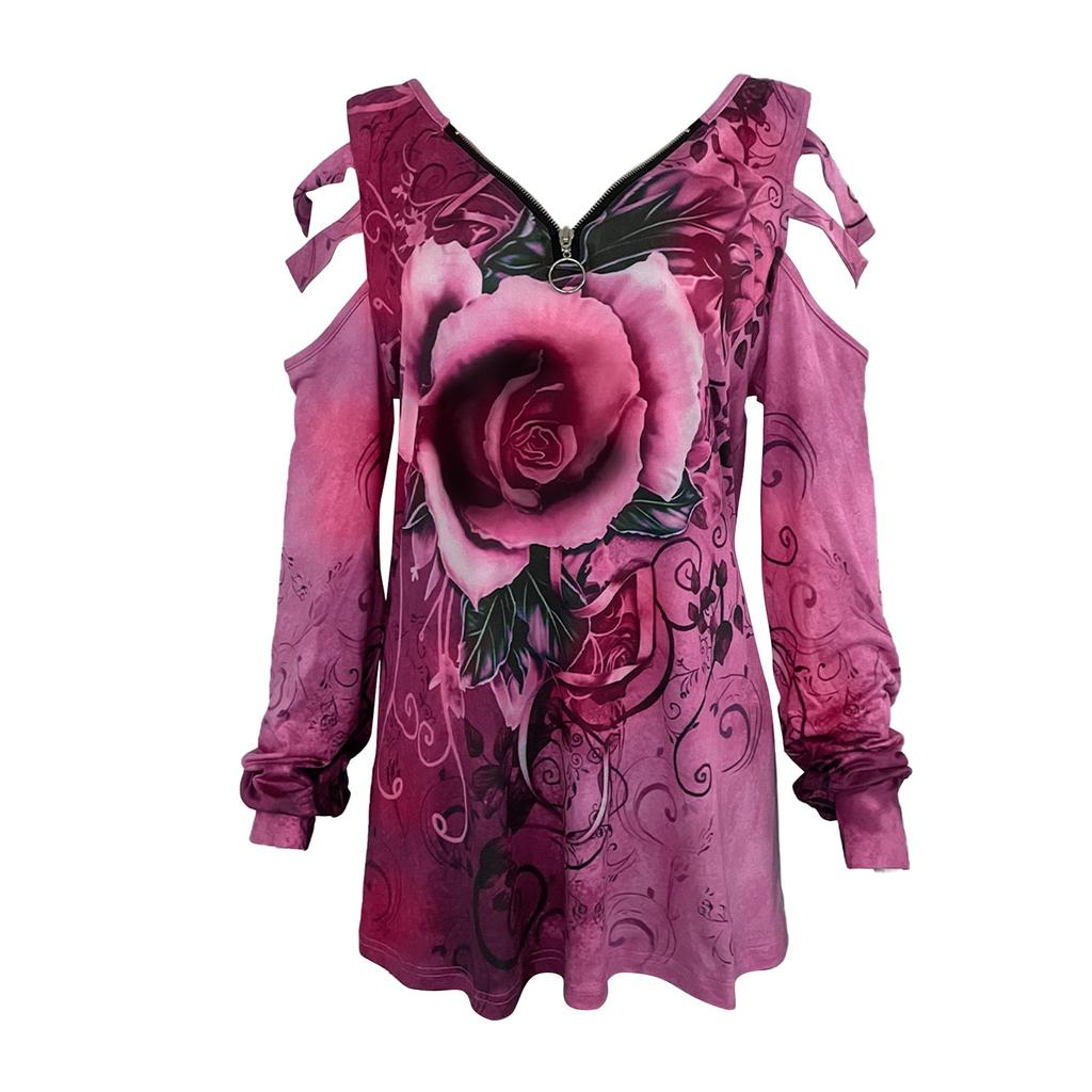 Модная женская повседневная футболка со свободным воротником на молнии с v-образным вырезом и принтом розы и длинными рукавами