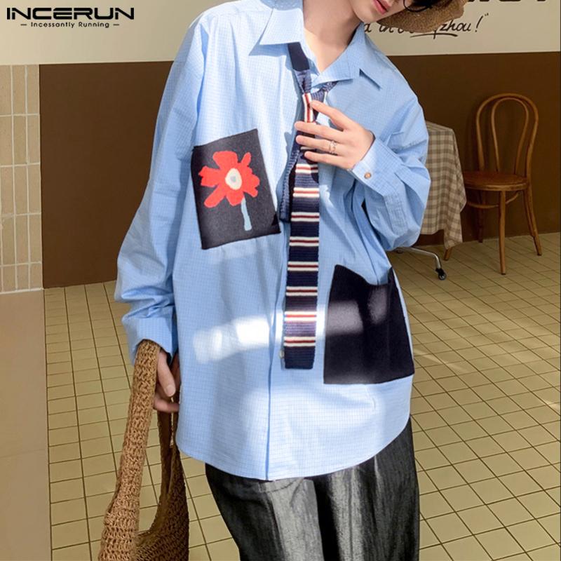 INCERUN Мужские рубашки оверсайз с лацканами, длинным рукавом, цветочным принтом и клеткой, повседневные топы