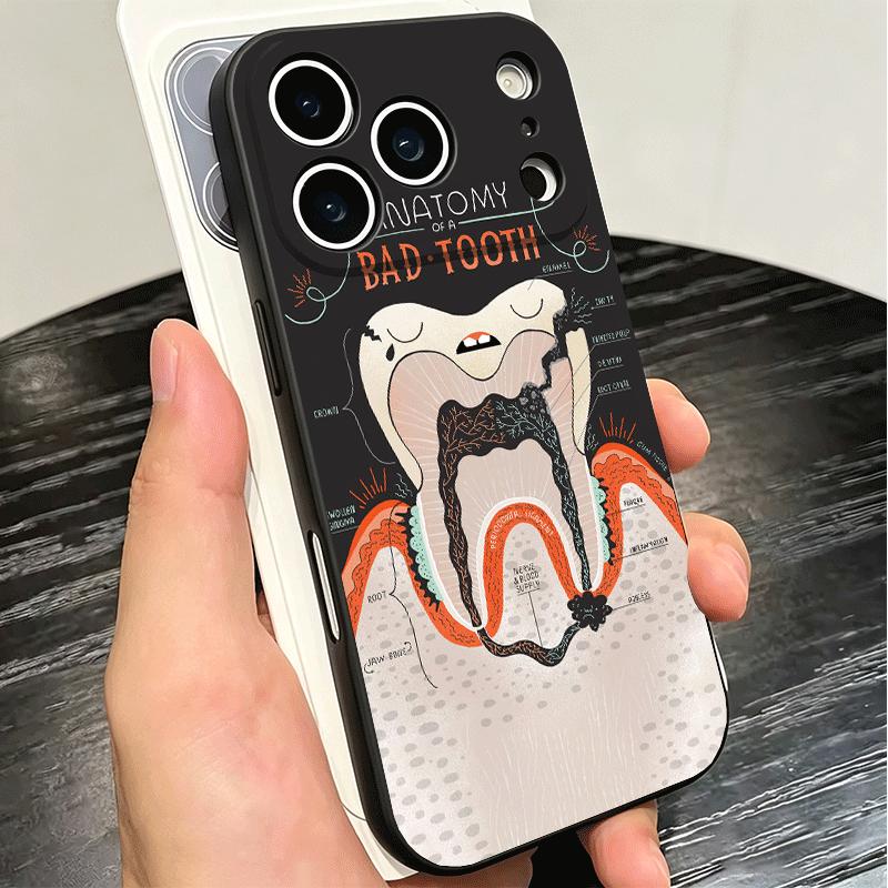 Мягкий чехол для телефона с рисунком "Зуб и Стоматолог" для iPhone 16 16E 17 Air 15 Pro Max 14 Plus 13 Mini 11 12 7 Черный задний корпус