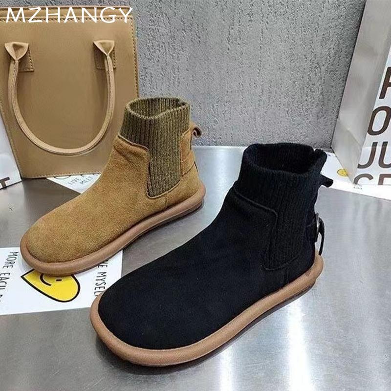 Модные женские туфли на плоской подошве из замши, ботильоны, вязаные туфли с пряжкой, женские зимние ботинки 2025 года, повседневные, новые, удобные, дизайнерские, готические, женские ботинки