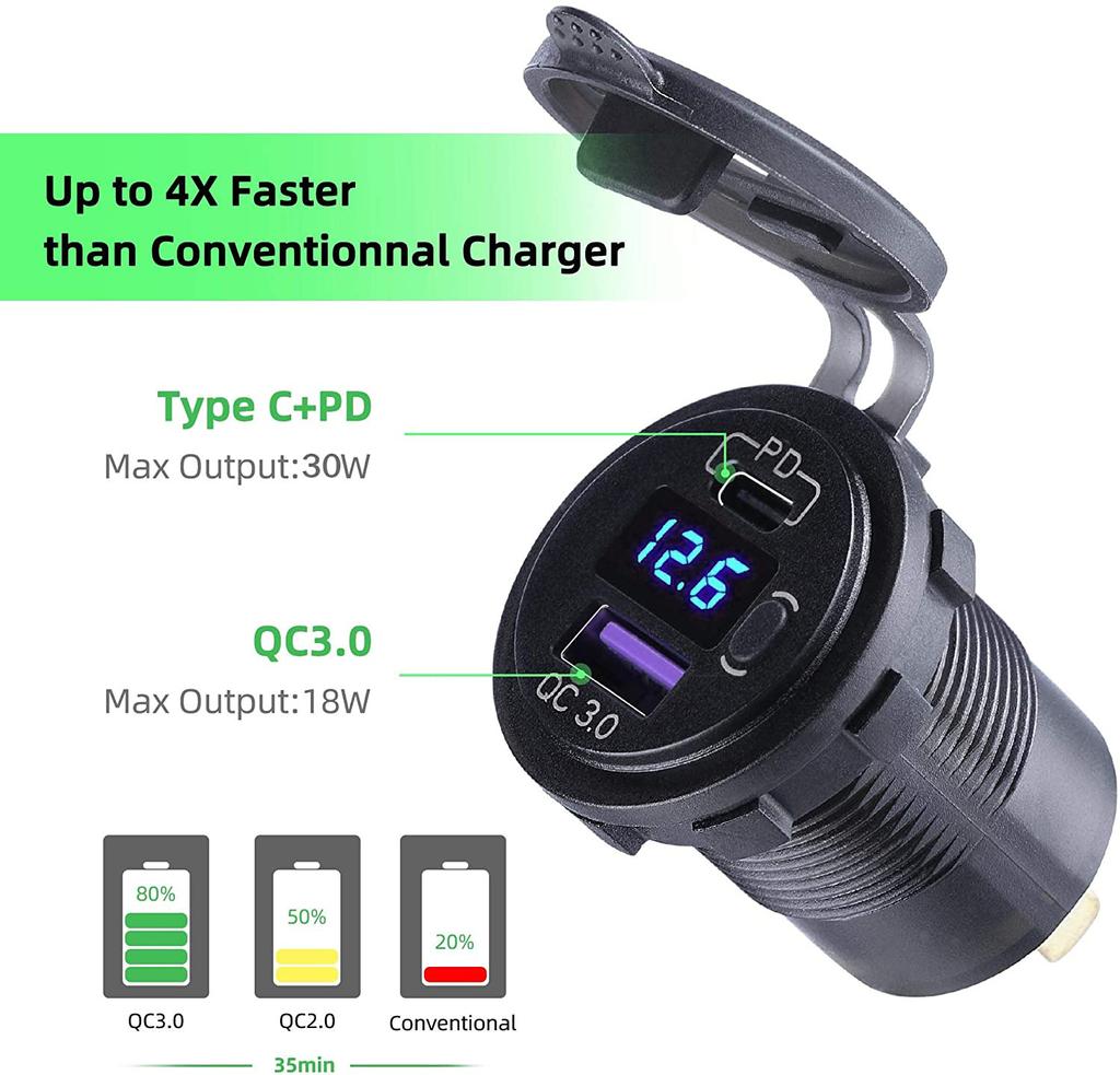12 В-24 В PD Type C и QC 3,0 USB быстрая автомобильная розетка для зарядного устройства с переключателем, панель розеток для мотоцикла, лодки, RV, ATV