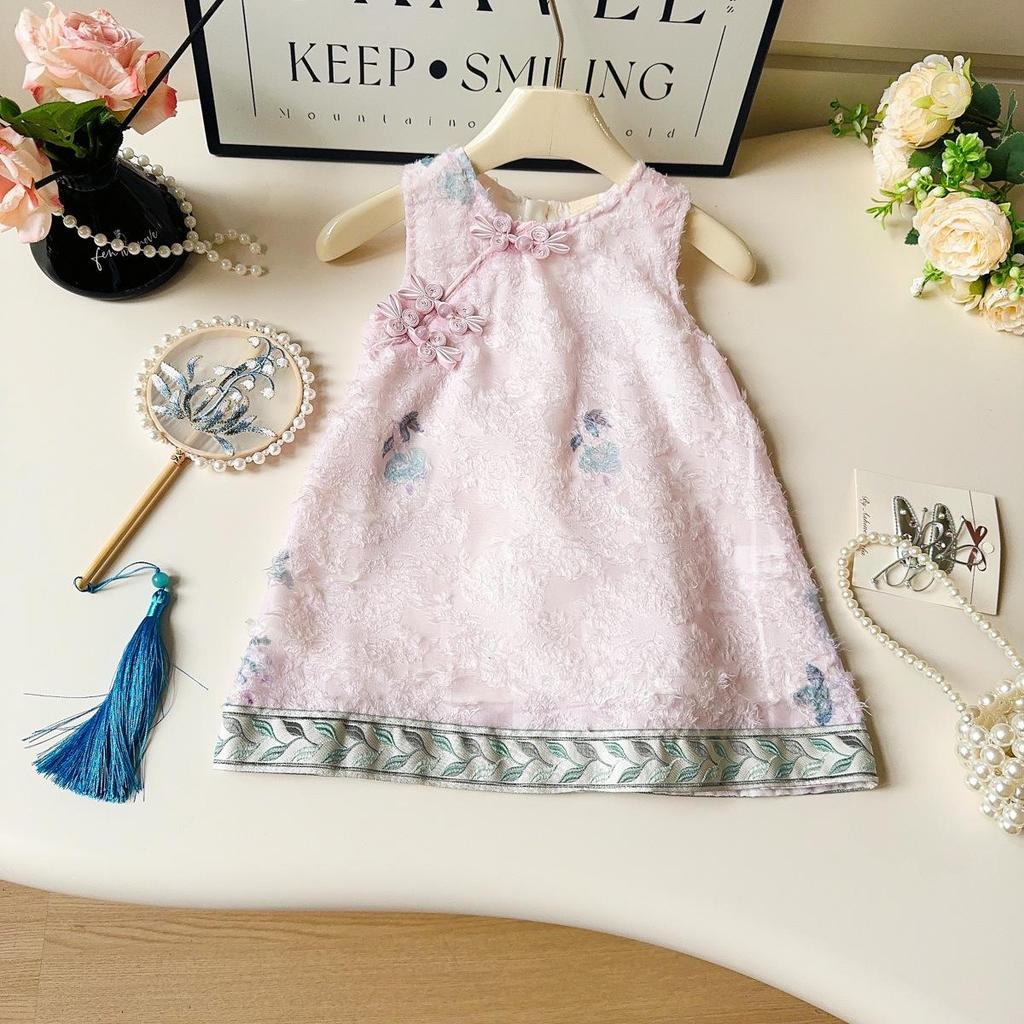 Летнее платье ханьфу без рукавов для девочек с пуговицами-лягушками