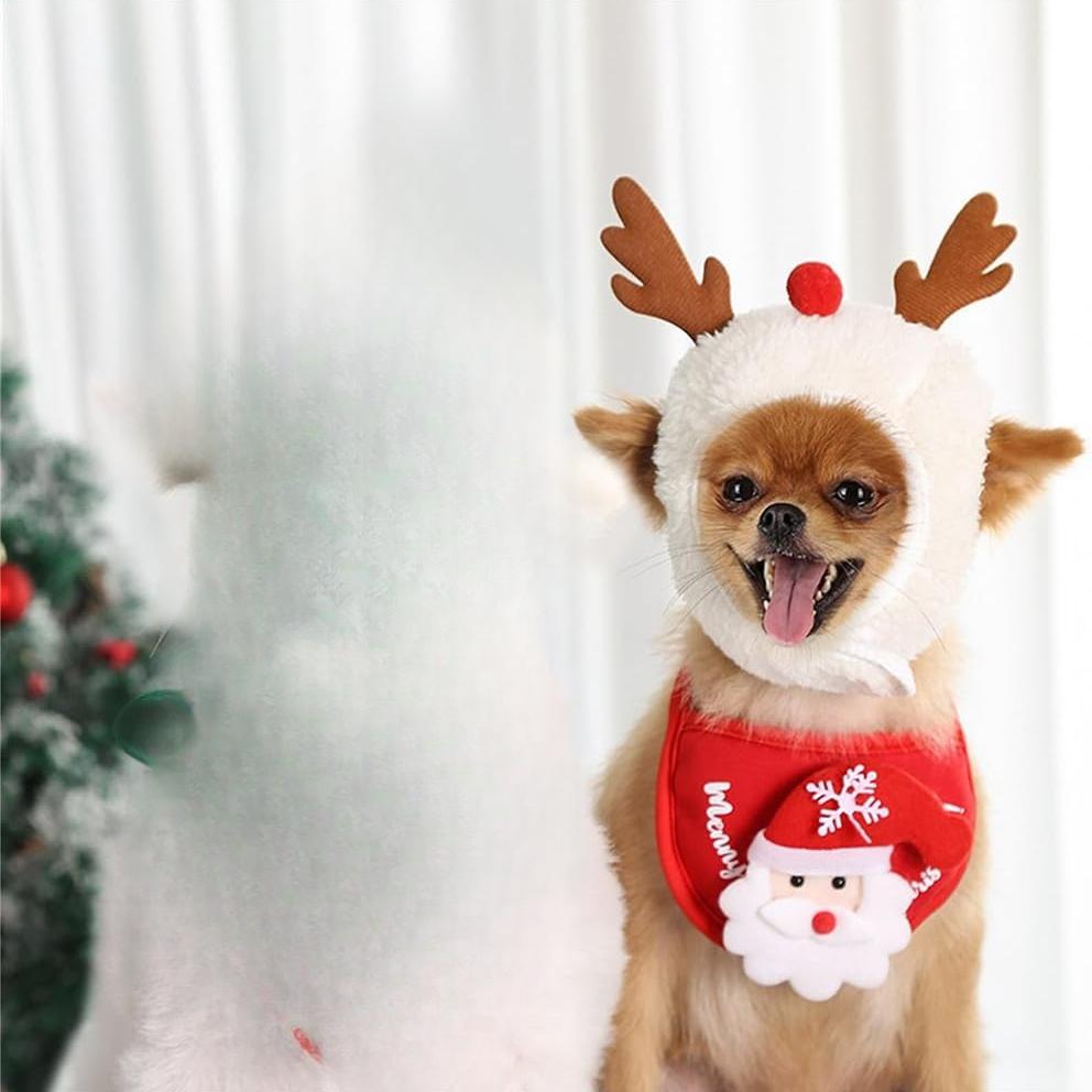 Очаровательная шапка-помпон в виде рождественской елки, регулируемый головной убор Санты и оленя в виде рождественской елки для питомцев со звездой и помпонами