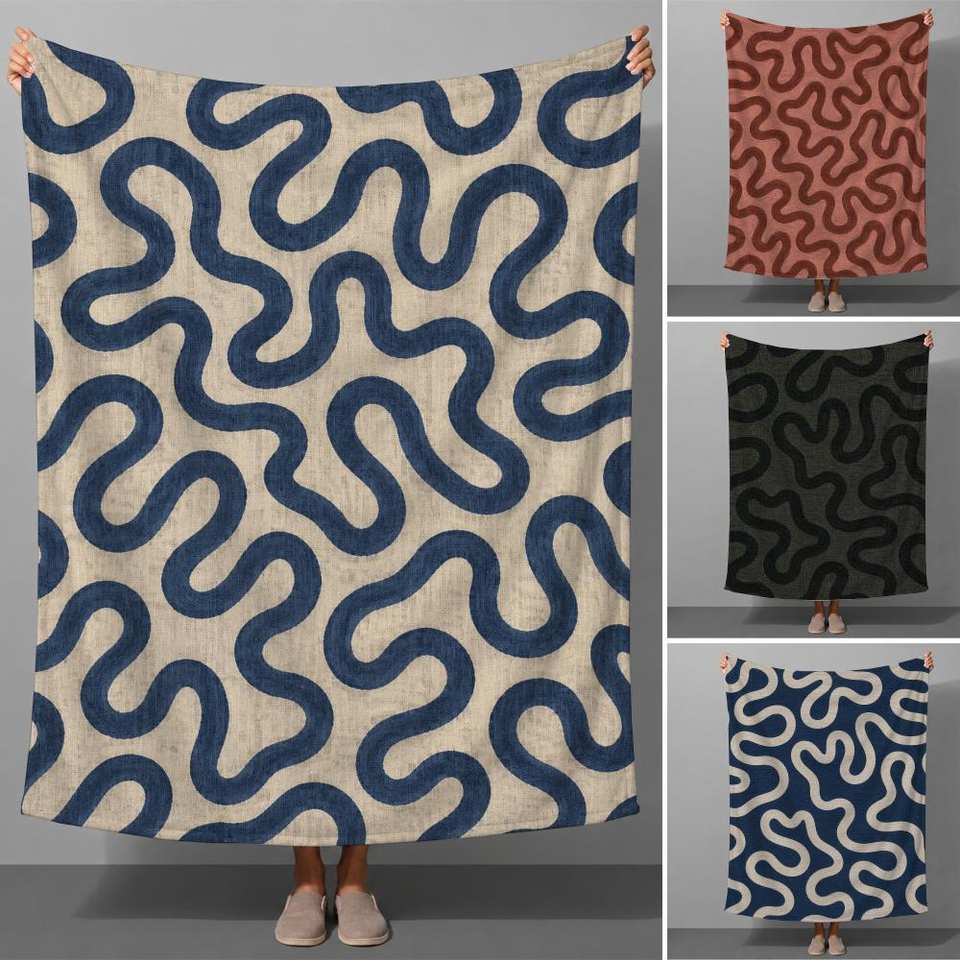 Retro Wavy Line Minimalist Abstract Pattern Art Throw Soft Flannel Throw Blanket for Couch Bed Sofa Warm Cozy All Season