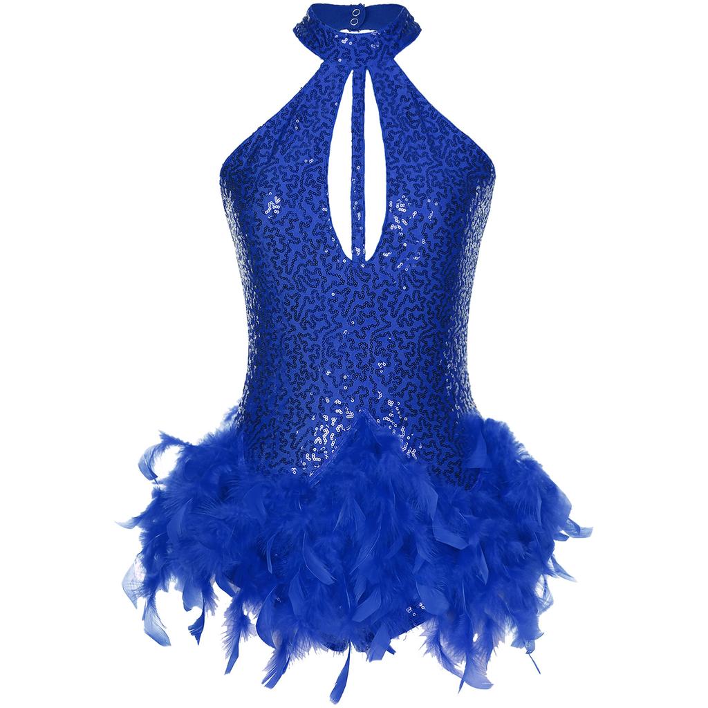 Womens Stage Performance Dancewear Halter Sleeveless Backless Shiny Sequins Feather Dance Leotard