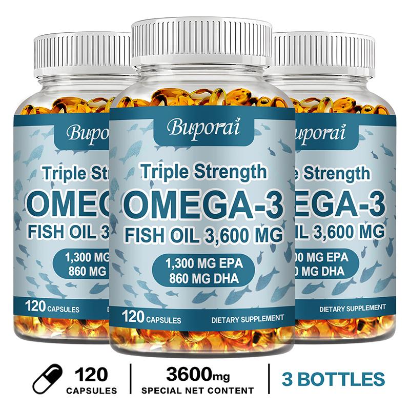 Buporai - Omega-3 Fish Oil Softgels - 3,600 mg Fish Oil - 1,300 mg EPA and 860 mg DHA - Heart and Brain Health