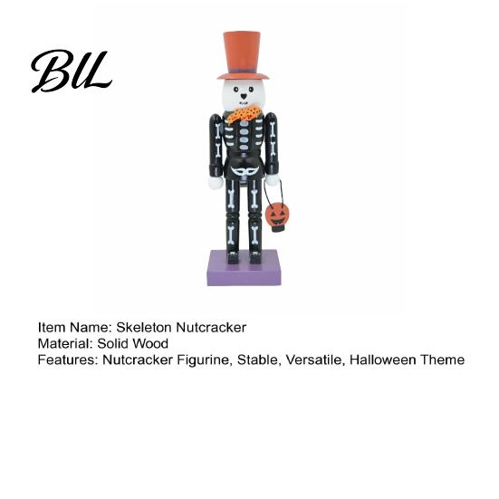 Solid Wood Holiday Statue Halloween Nutcracker Wooden Figurine, Hand-Painted Skeleton Soldier Ornament, Retro Indoor Tabletop Decor Style Decorative