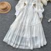 New Heavy Craft Lace Embroidery Hollow Out Party Evening Long Dress Women's Stand High Waist Lantern Sleeve Dresses Holiday