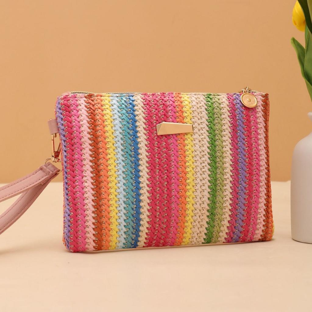 Women Summer Retro Straw Woven Bag Handbag Fashion Colorful Bohemian Woven Wristlet Bag Beach Wallet Money Bag Clutch Coin Purse