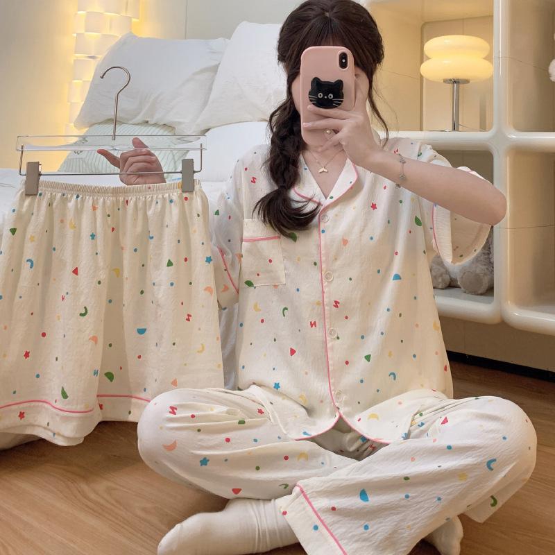 Little fresh fairy style summer new short-sleeved pajamas women's lazy sense loungewear cloud cotton three-piece set