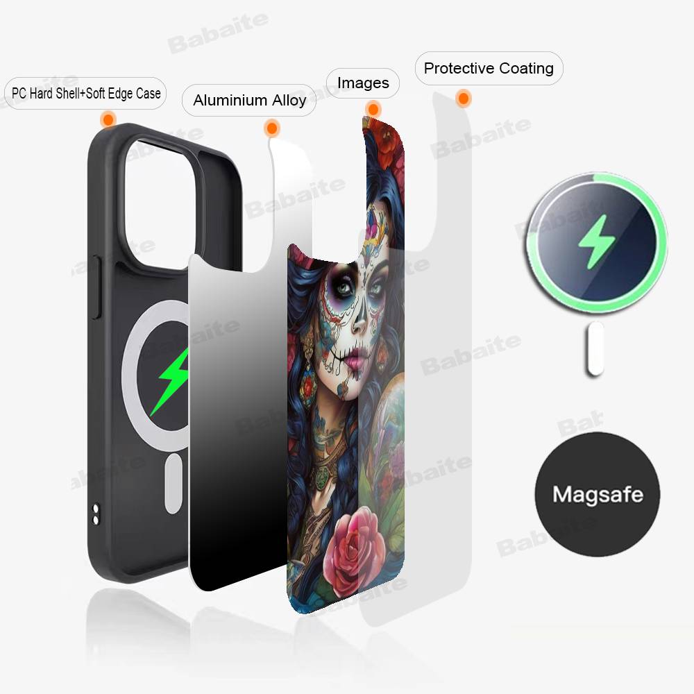 Чехол для телефона Catrina Красивая Девушка Роза Череп Магнитный Чехол Для iPhone 17 16 15 14 13 12 11 Для Magsafe Беспроводная Зарядка Чехол