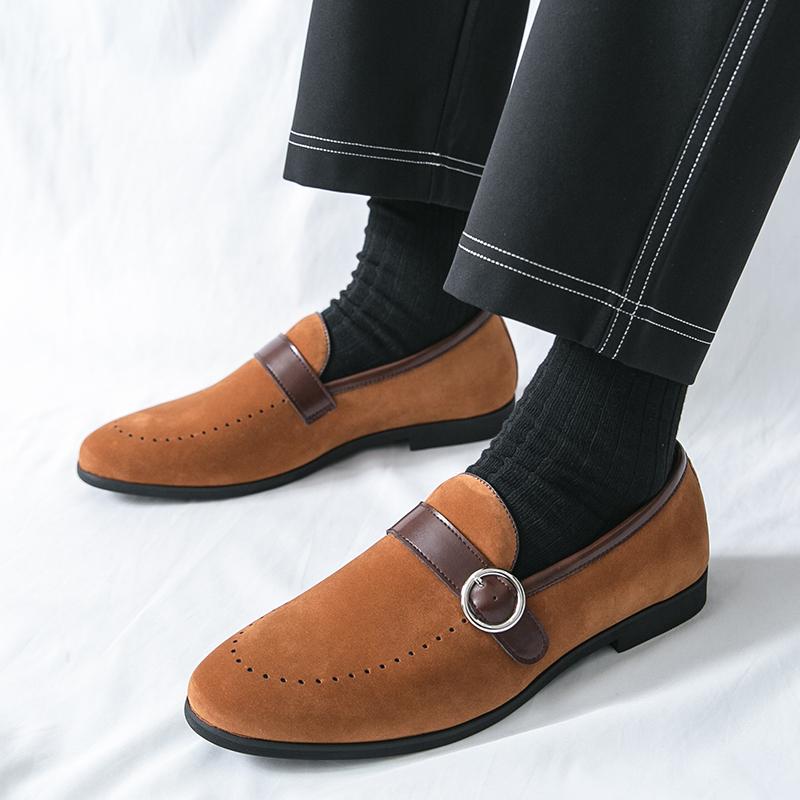 Fashion British Style Men's Comfortable Soft Soled Pointed Loafers Spring Brand Men's Side Button Cow Suede Breathable Flat Bean Shoes