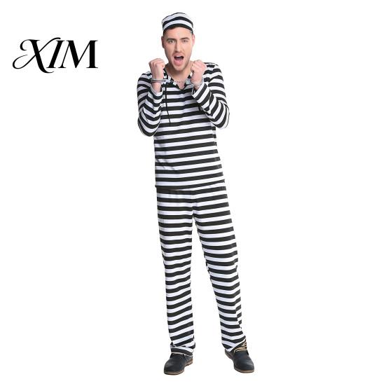 Jail Inmate Uniform Prisoner Costume for Adult, Women Striped Mini Dress, Men Top Prison Uniforms Pants, Halloween Dress-Up with Hat & Cuffs Pants