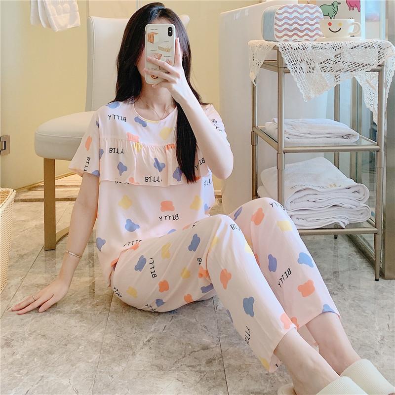 Artificial cotton pajamas women's spring and summer anti-bump cotton and silk loungewear suit summer cute plaid large size pajamas outside wear