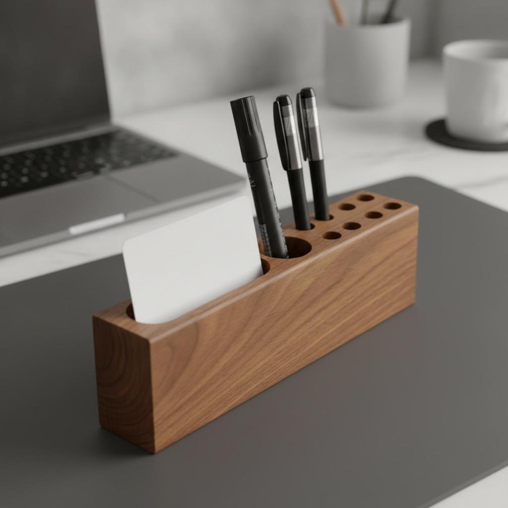 Pen Holder with Card Slot Natural Wood Desk Tidy Compact for Study Room