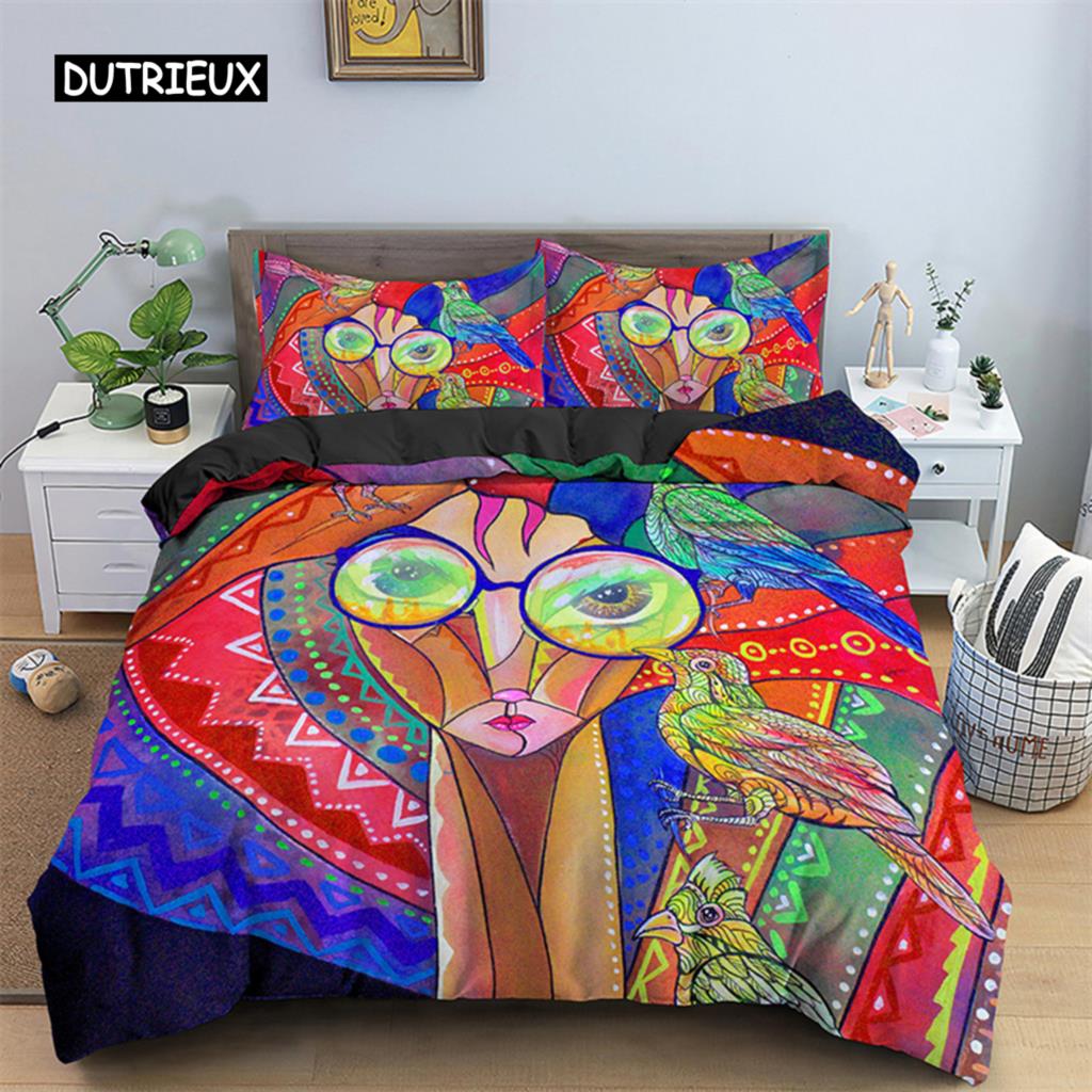 Пододеяльник с абстрактным человеческим лицом, двуспальный, двуспальный, из микрофибры, мистический рисунок, комплект постельного белья с психоделическим граффити