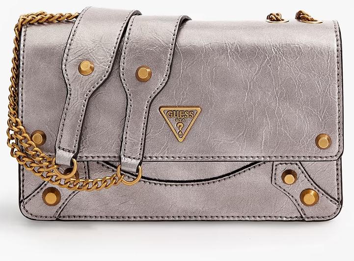 Guess Messenger Bag Silver Eco Leather with Wrinkle Effect Amantea