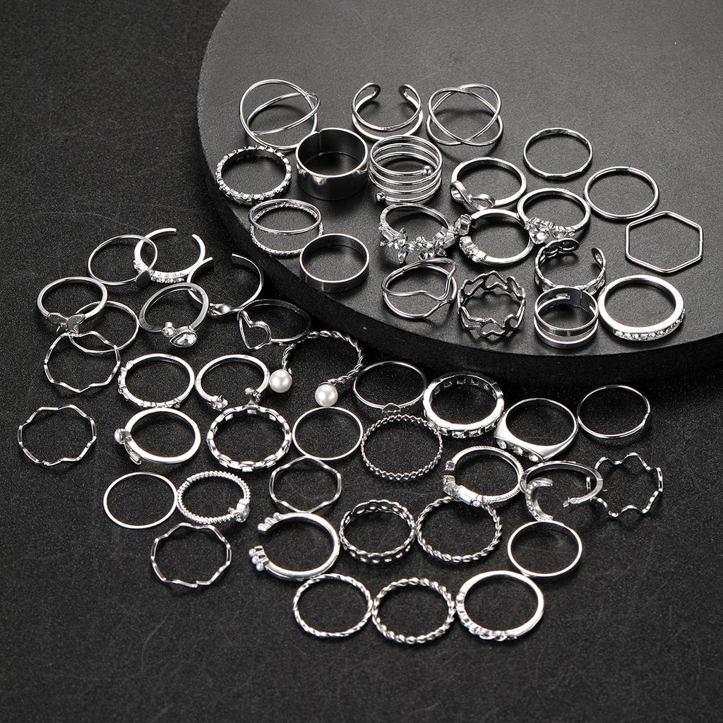 60Pcs/Set Fashion Imitation-Pearl Heart Butterfly Ring Set Woman‘s Silver Color Geometric Hollow Crytasl Ring Daily Wear Jewelry
