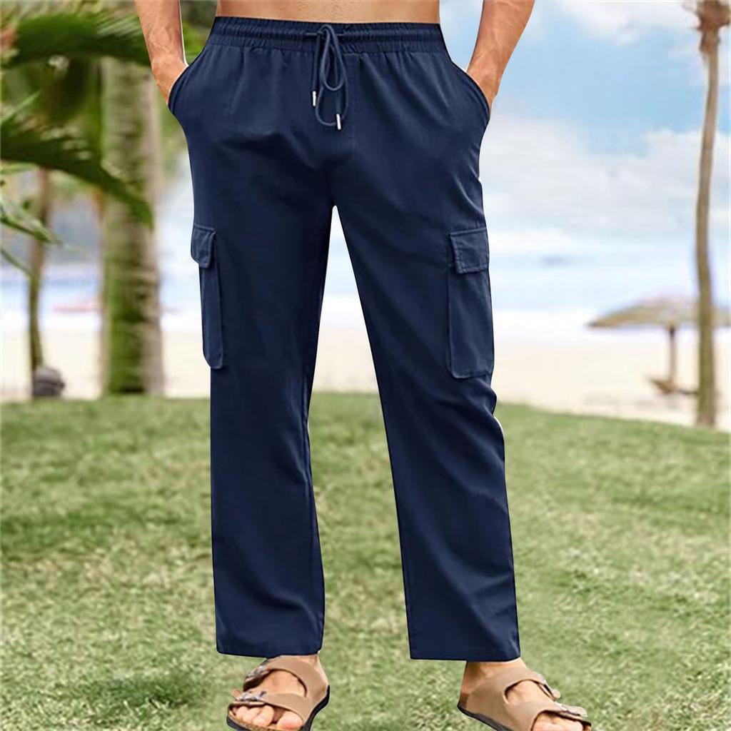 Брюки-карго из хлопка и льна с дышащей эластичной талией и шнурком, мужские повседневные свободные летние пляжные брюки