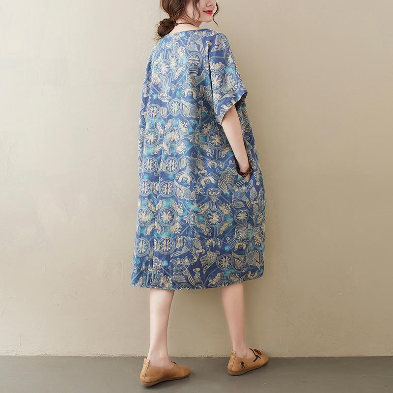 Летнее свободное художественное ретро-принтованное хлопковое льняное платье с короткими рукавами для женщин, прикрывающее тело, демонстрирующее худобу, повседневные платья
