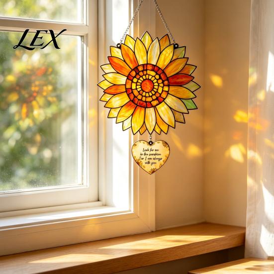 Floral Wall Art Hanging Stained Glass Style Sunflower Pendant, with Metal Sunlight Reflecting Pendant Chain, Acrylic Ornament for Home Garden