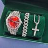 Men'S Hip-Hop Trendy Fashion Large Dial, Popular Diamond-Encrusted Cuban Chain Watch Set Yymy Watch