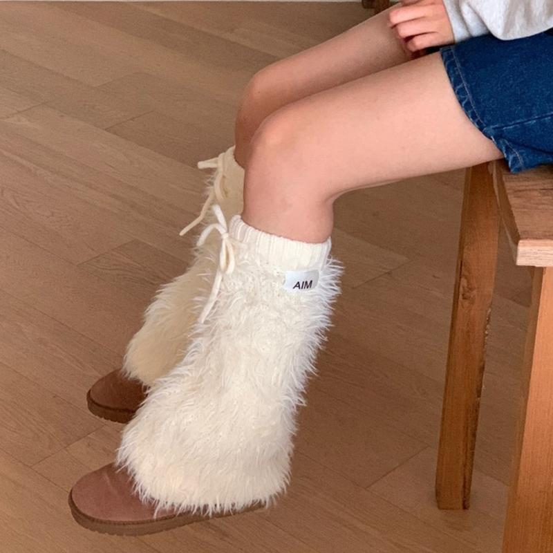 Womens Y2K Girls Winter Furry Leg Warmer wtih Drawstring Harajuku Letter Label Furry Plush Flared Boot Cover Long Socks