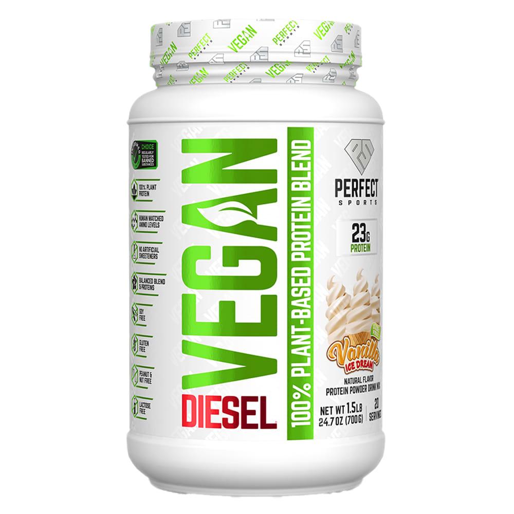 PERFECT Sports, Vegan Diesel, 100% plant-based protein blend, vanilla ice cream flavor, 1.5 lb (700 g)