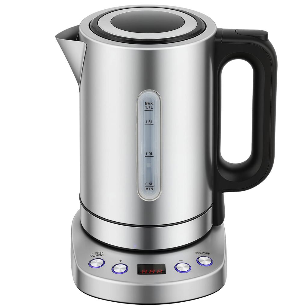 Electric Kettle, 1.7L, Fast Boil, 3kW Water Kettle with UK Strix Thermostat, Keep Warm Function, LCD Base, Silver Tone