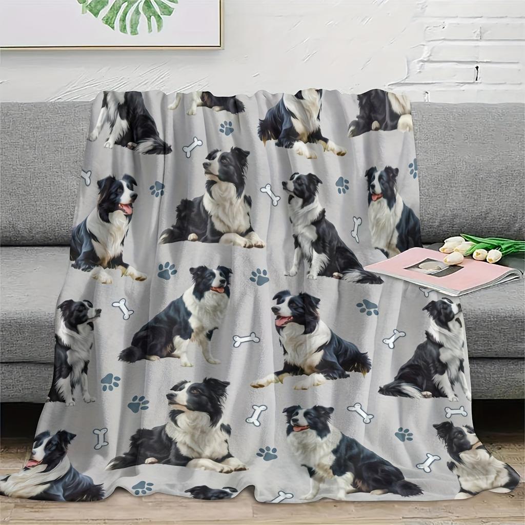 Cozy Border Collie Print Flannel Blanket Tear Resistant All Season Warm Throw for Pet Lovers Home Office Decor