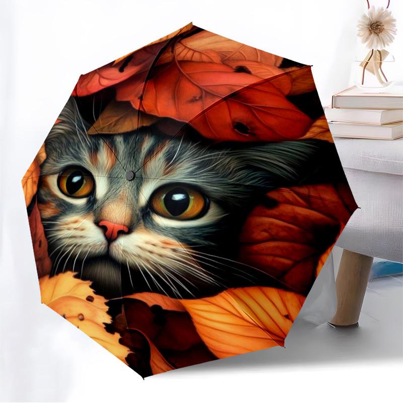 1pc Autumn Leaves Cat Print Automatic Folding Umbrella - Compact 8-Rib Design,Perfect Gift for Friends & Family yy250926017