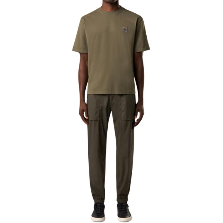 STONE ISLAND Однотонная футболка с логотипом и круглым вырезом, короткий рукав, мужские топы, цвет Армейский зеленый K1S1521000-34S0115-V0054