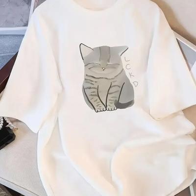Женская Милая Футболка с Мультяшным Рисунком Кошки Мягкая и Удобная Свободный Крой Игривый Рисунок Мягкая Футболка