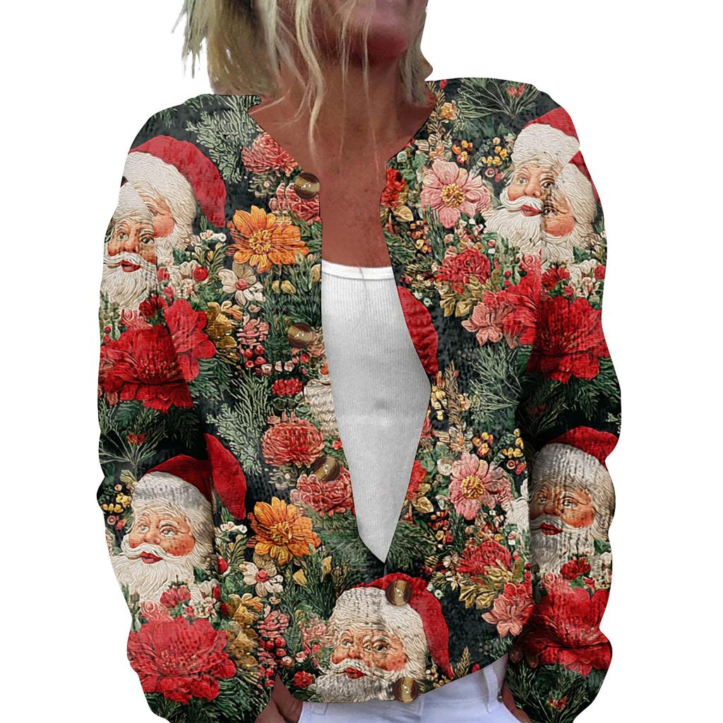 Women's Fashion Christmas Printed Long Sleeve Knitted Cardigan Button Down Jacket