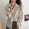 Рубашки с воротником с лацканами для женщин, свободная блузка с длинными рукавами, однобортный топ в полоску на пуговицах, рабочий офисный топ