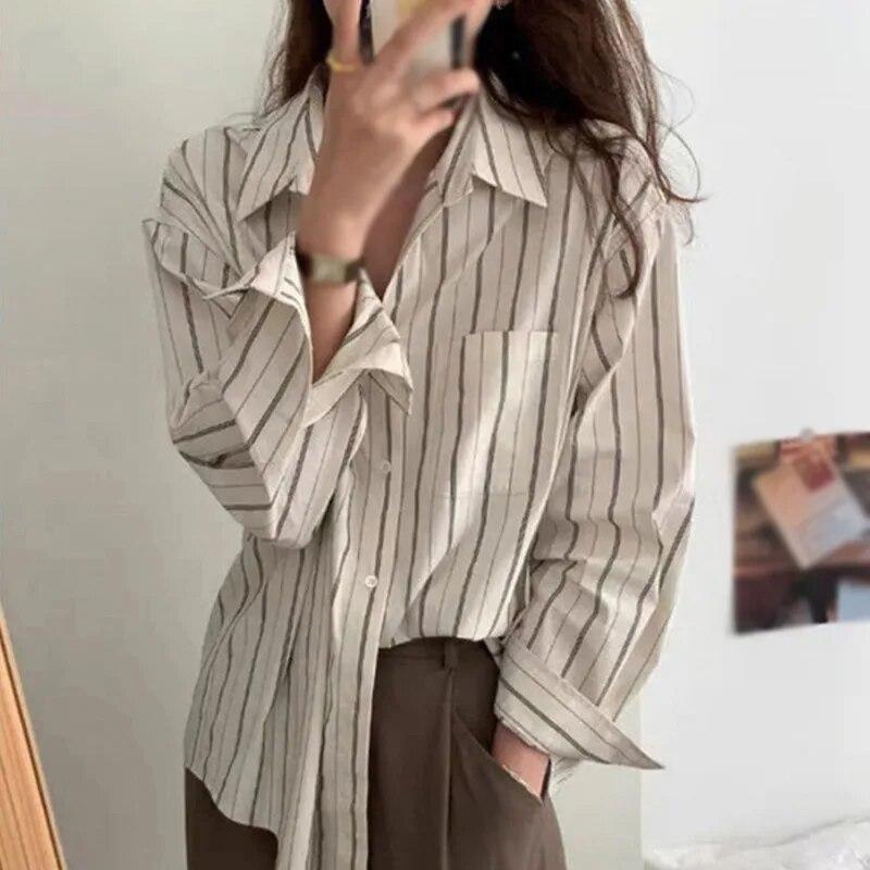Рубашки с воротником с лацканами для женщин, свободная блузка с длинными рукавами, однобортный топ в полоску на пуговицах, рабочий офисный топ