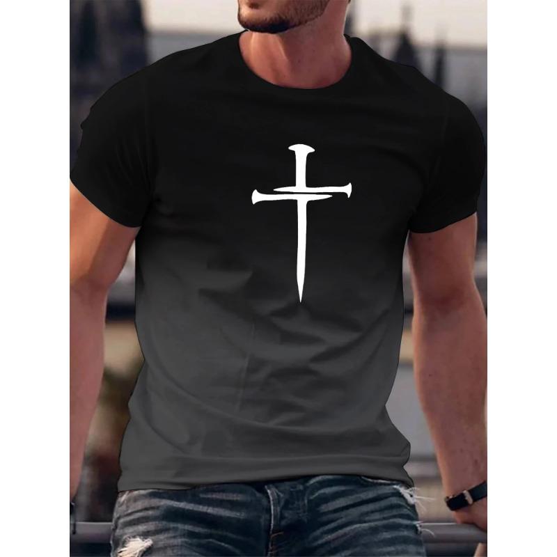 Gradient Christian Cross Pattern 3D Printed T-shirts Fashionable and Round Neck Short Sleeve Sports and Leisure Men's T-shirts