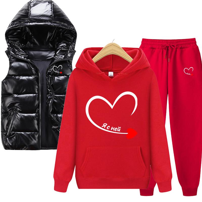 Горячая весна и осень, однотонная толстовка с принтом, комплект из 3 предметов: толстовка для пары + жилет + брюки, спортивная одежда