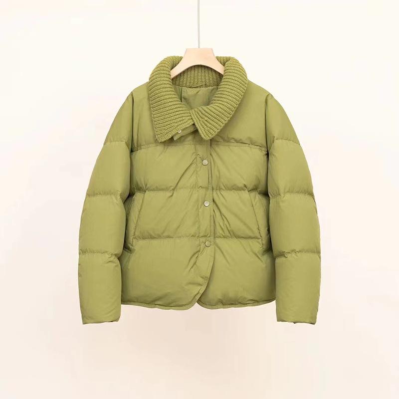 Короткий пуховик с трикотажным лацканом, женский, зима 2024, новый свободный повседневный утолщенный белый пуховик на утином пуху прилив
