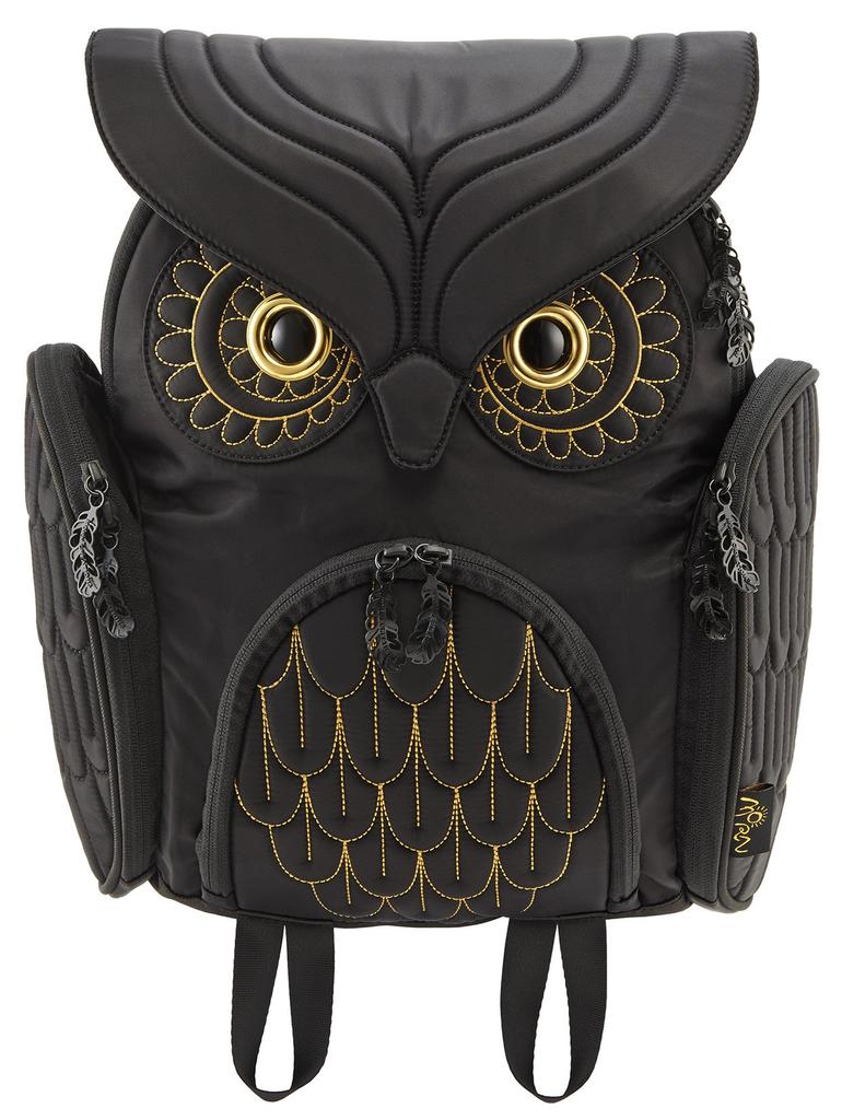 MORN CREATIONS Owl Classic Backpack M Size Gold Embroidery Black