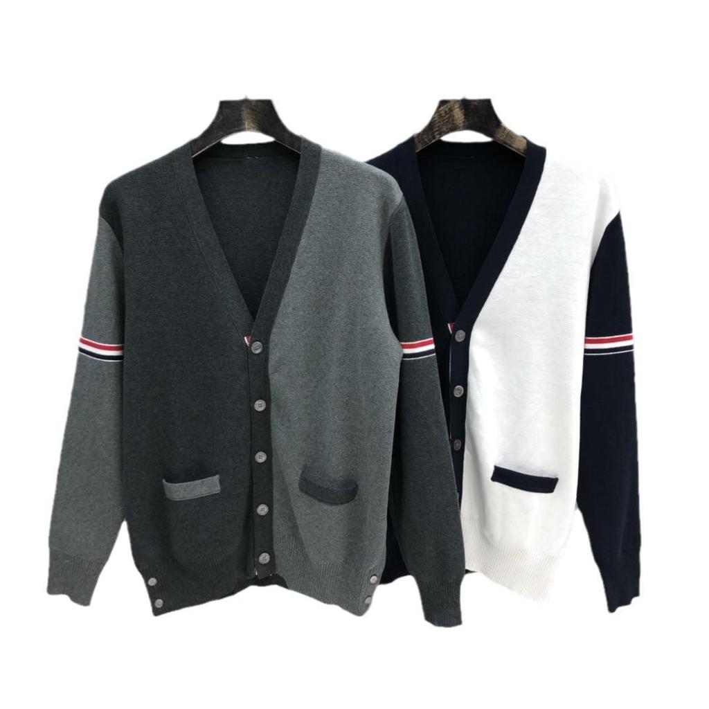 Autumn/Winter Unisex Double Sleeve Cotton Cardigan – Red, White & Blue Color Block with Five Buttons