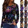 Women's Fashionable Casual  Neck Long Sleeve Hem Split Carnival Print T-Shirt Top