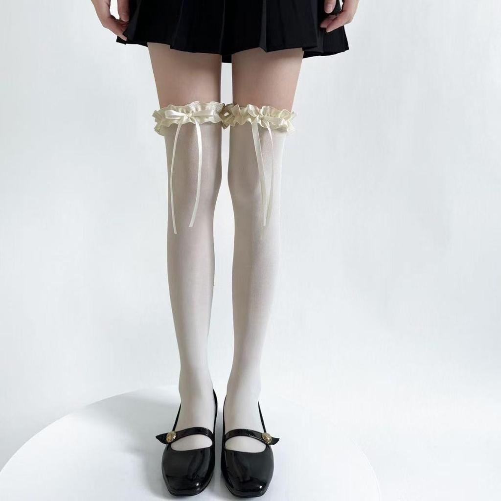 White Bow Lace-Trim Lolita Thigh-High Stockings - Spring/Summer