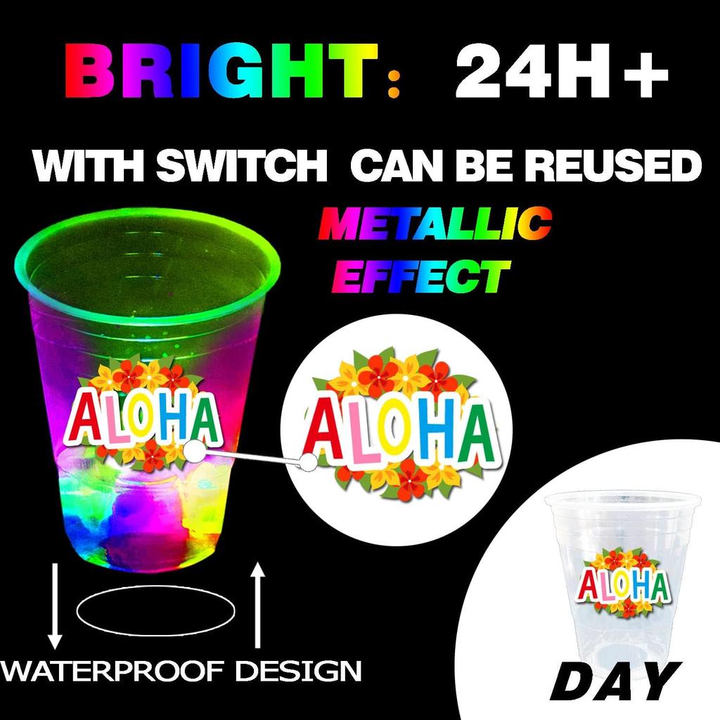 mishunyus 24 Pcs Glow Hawaiian Luau Party Cups, Flashing Tiki Party Cups, Tropical Luau Party Decorations Hawaiian Party Supplies Favor (16oz)