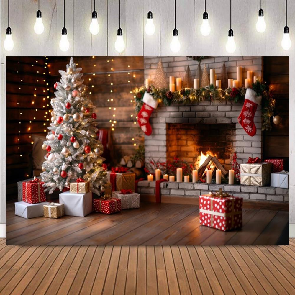 Christmas Indoor Photography Background Fireplace Gifts Socks Xmas Tree Interior Party Birthday Home Decor Photo Backdrop Studio4