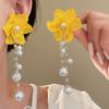 Yellow Fabric Flower Bud Dangle Earrings for Women Super Crystal Drop Earring Imitation Pearl Tassel Hanging Party Jewelry D