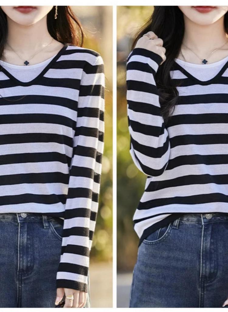Women's V-Neck Color Block Layered Knit Sweater - Long Sleeve, Lightweight